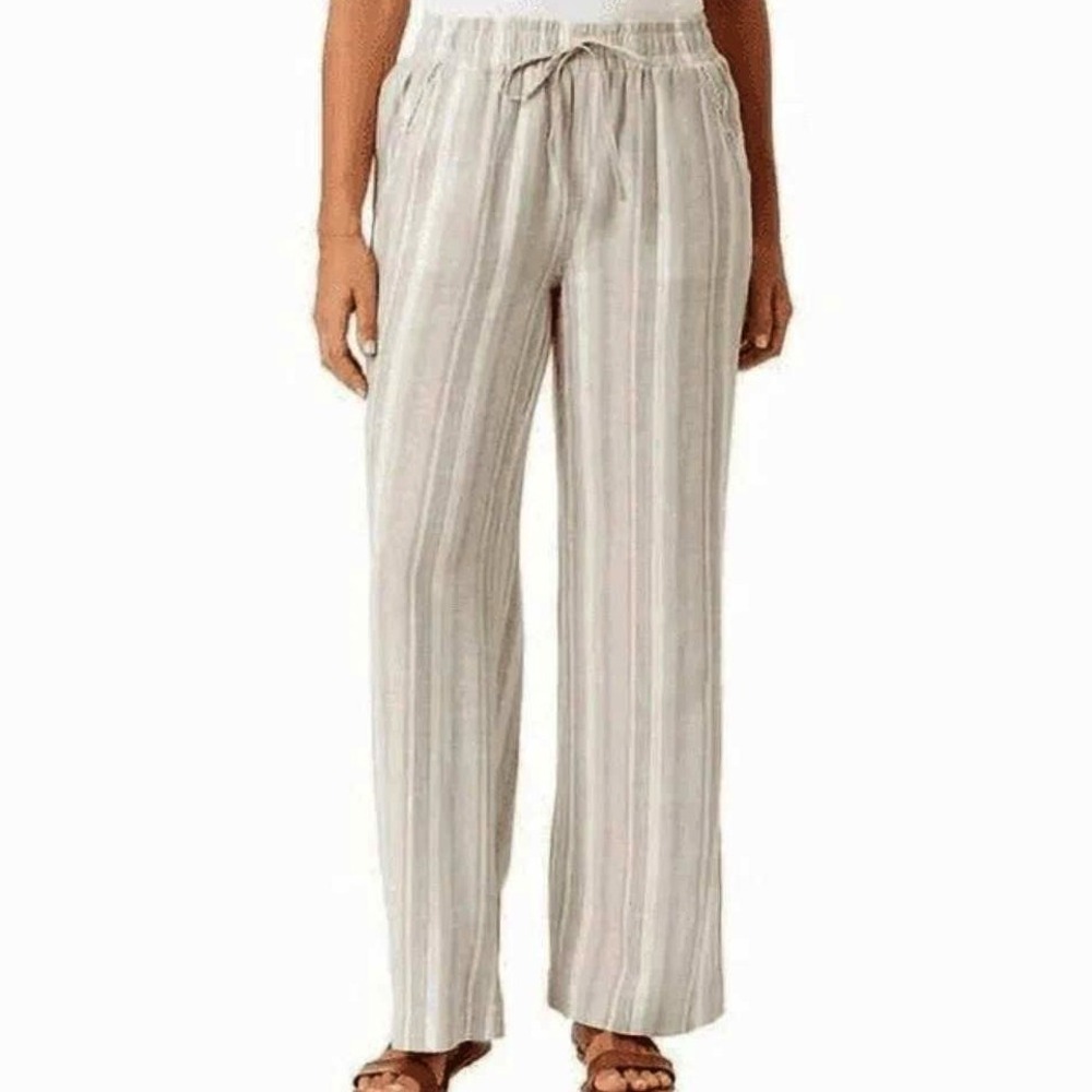 Ellen Tracy Linen‎ Pants Striped  Wide Leg Drawstring Casual Beach Pants XL